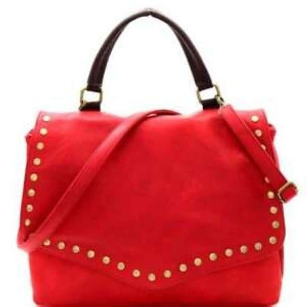 Stylish Brass-tone Studded Distressed Flap Satchel Women Envelope Evening Clutch
